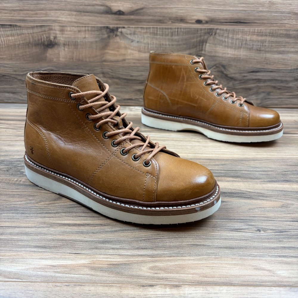 Frye Bryant Mens 9D Caramel Leather Lace Up Wedge Ankle Boots 80553 CAR